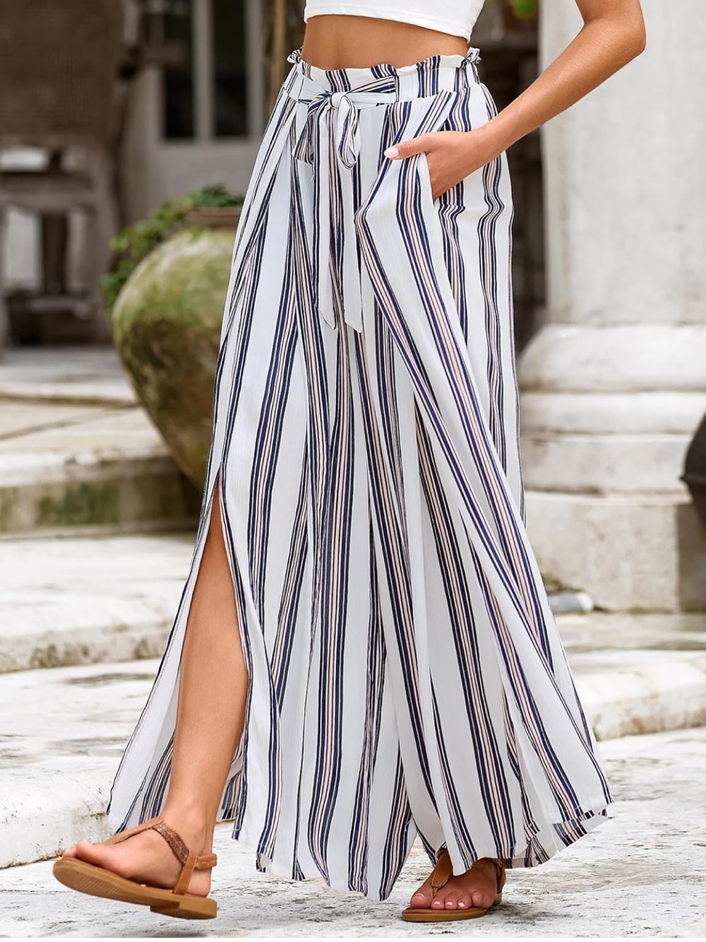 Simplee Apparel White and Navy Vertical Stripe Wide-Leg Split Pants
